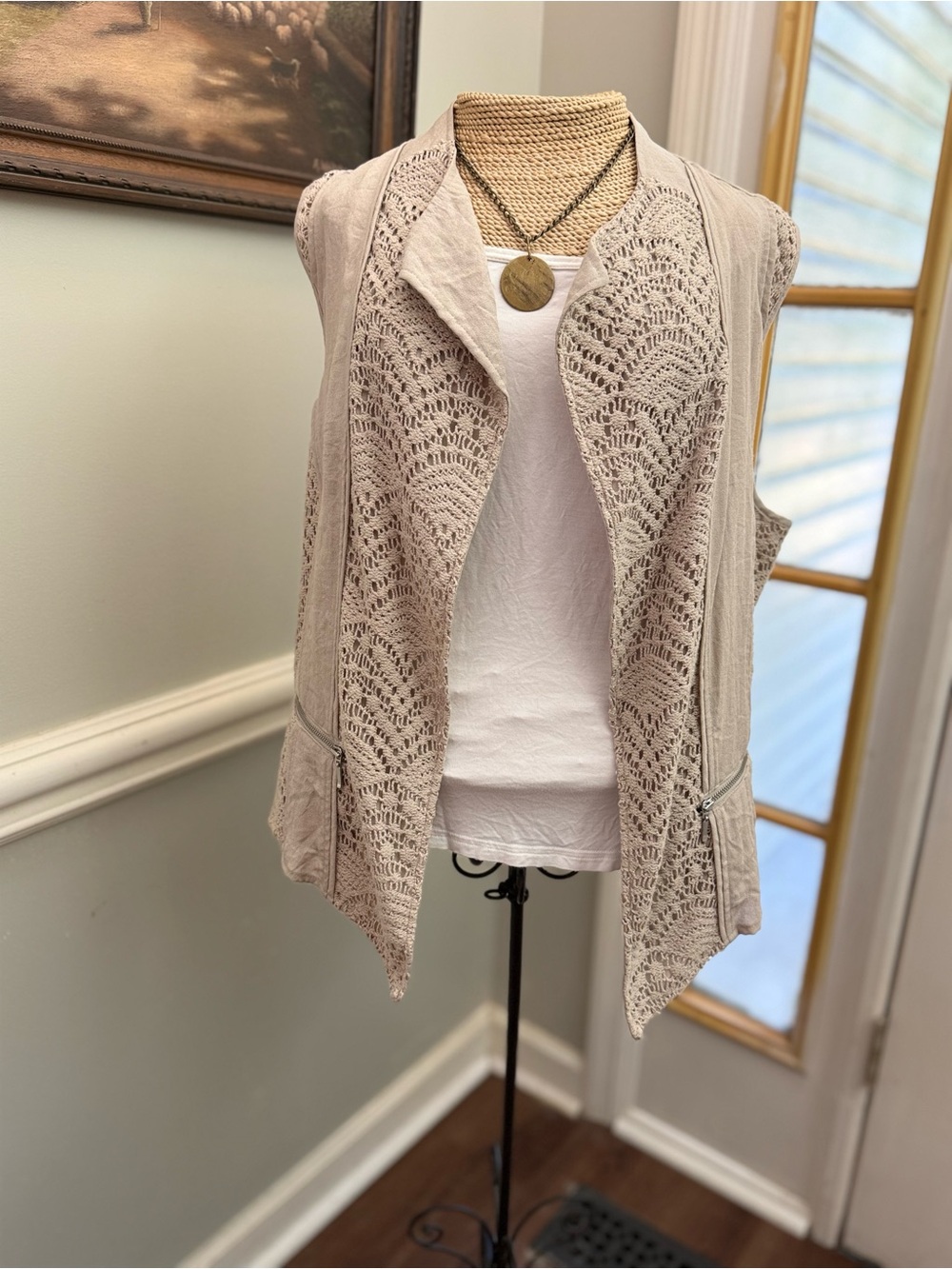 Sleeveless Crochet Open-Front Vest Jacket - Beige